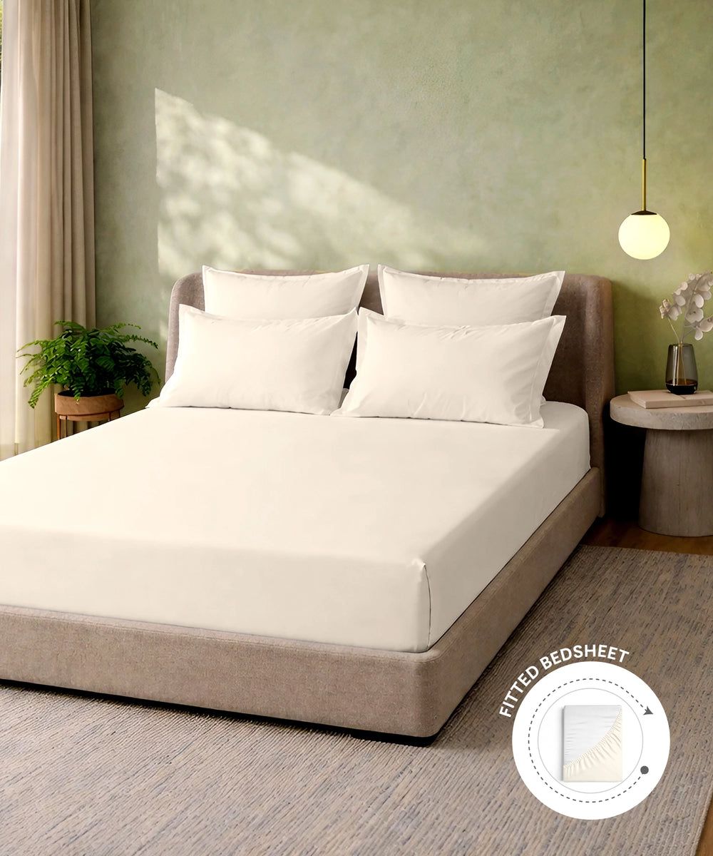 Cream Solid Fitted Bedsheet Set